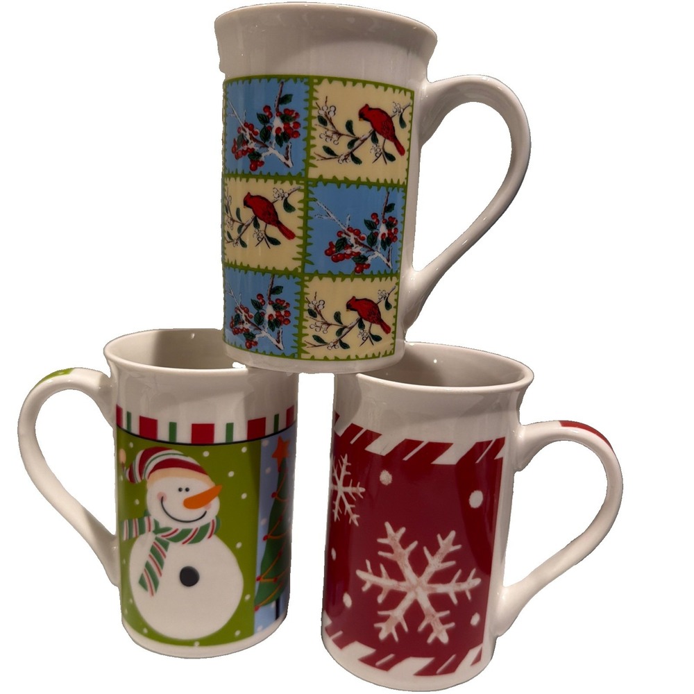 Lot of 3 Royal Norfolk Christmas Holiday Mugs Santa/snowman Cardinal Snowflake